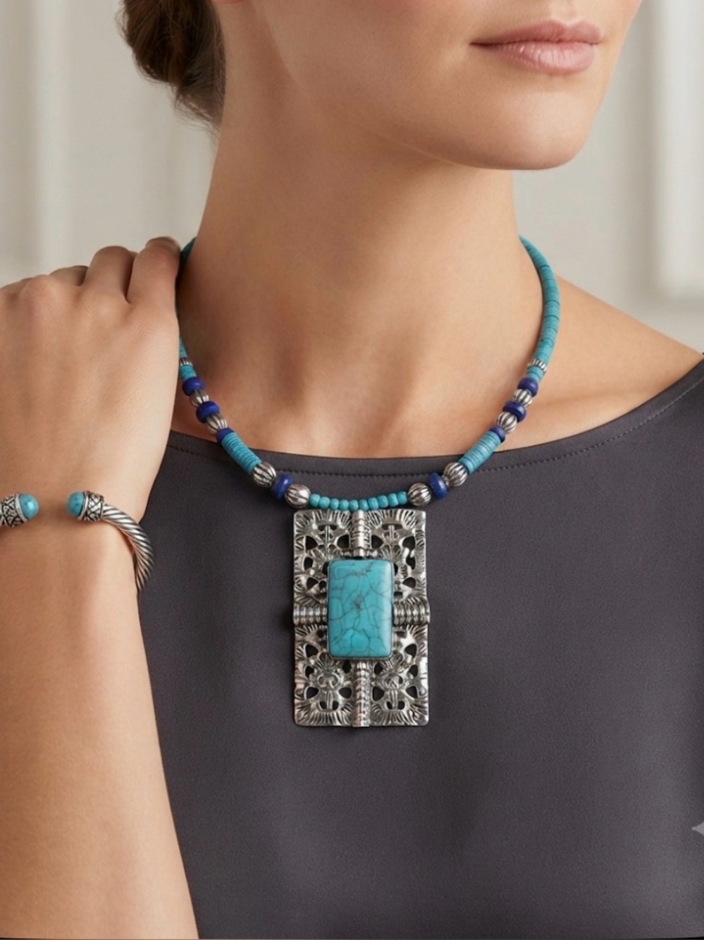 Turquoise Necklace (Faux) with Silver Filigree Pendant, earrings and bracelet